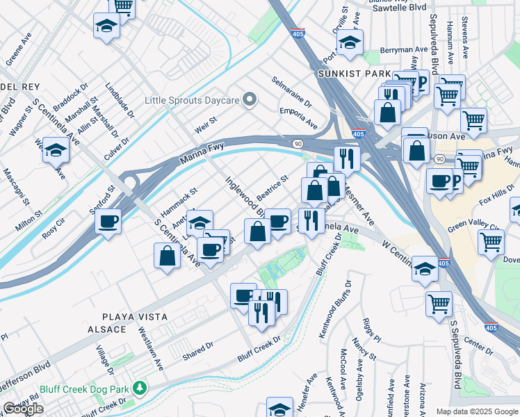 map of restaurants, bars, coffee shops, grocery stores, and more near 11930 Beatrice Street in Culver City