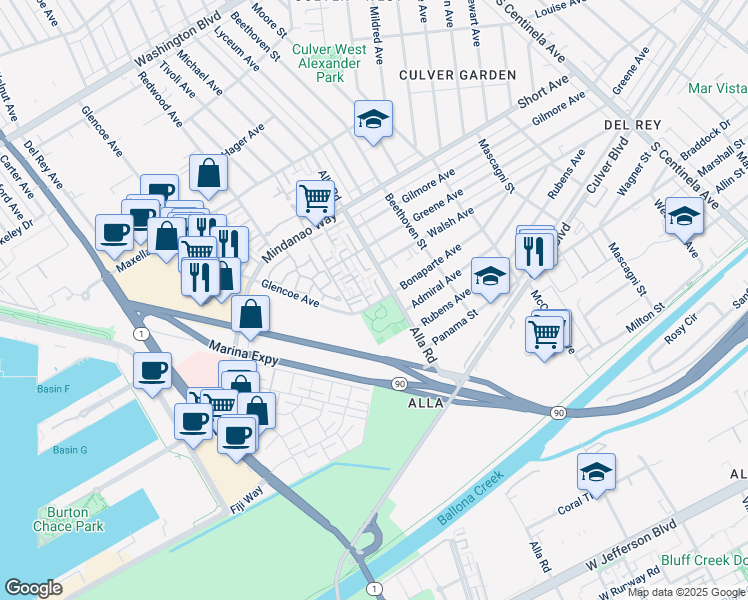 map of restaurants, bars, coffee shops, grocery stores, and more near 4646 Glencoe Avenue in Marina del Rey