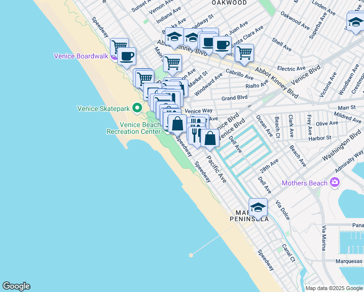 map of restaurants, bars, coffee shops, grocery stores, and more near 20 19th Avenue in Los Angeles