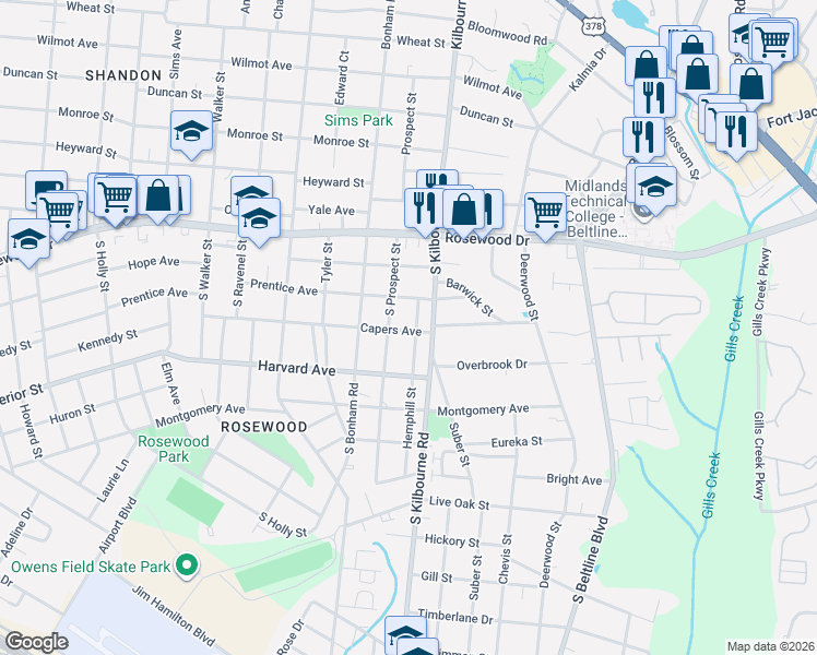 map of restaurants, bars, coffee shops, grocery stores, and more near 403 Hemphill Street in Columbia