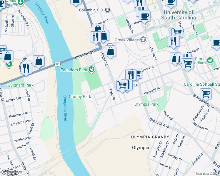 map of restaurants, bars, coffee shops, grocery stores, and more near 406 Williams Street in Columbia