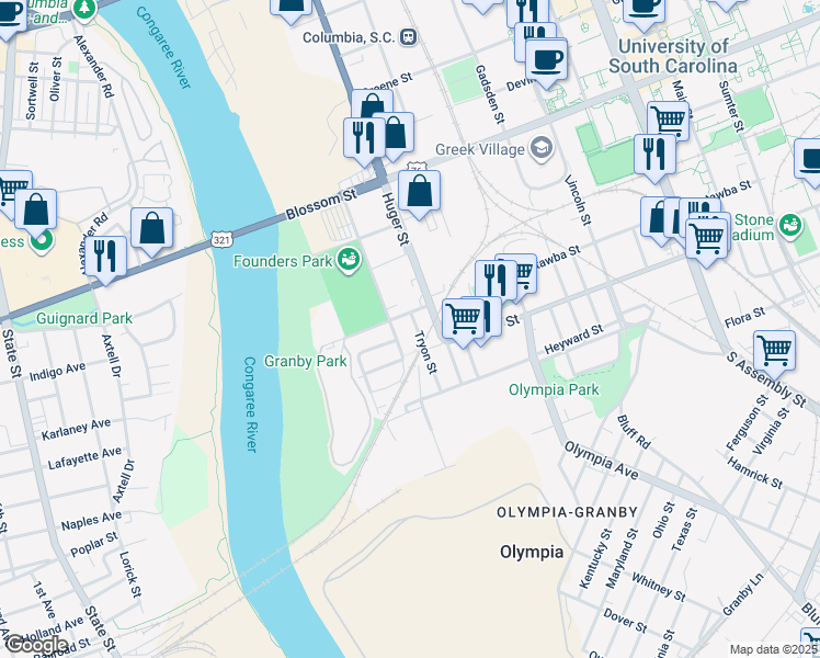 map of restaurants, bars, coffee shops, grocery stores, and more near 406 Williams Street in Columbia