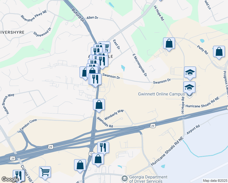 map of restaurants, bars, coffee shops, grocery stores, and more near 481 Swanson Drive in Lawrenceville