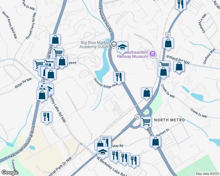 map of restaurants, bars, coffee shops, grocery stores, and more near 3240 Summit Ridge Parkway in Duluth