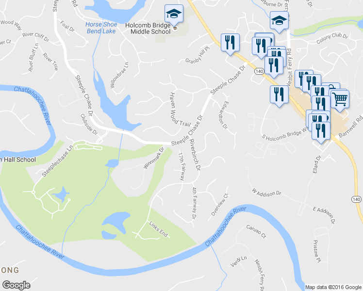map of restaurants, bars, coffee shops, grocery stores, and more near 335 Seventeenth Fairway in Roswell