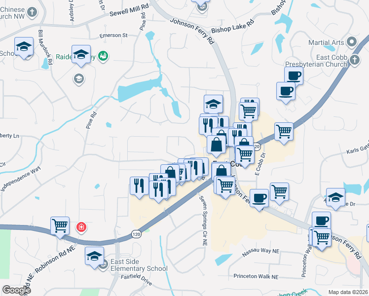 map of restaurants, bars, coffee shops, grocery stores, and more near 1479 Grovehurst Way in Marietta