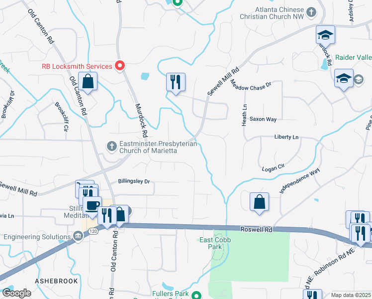 map of restaurants, bars, coffee shops, grocery stores, and more near 3290 Sewell Mill Road in Marietta