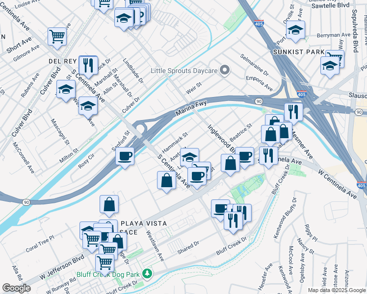 map of restaurants, bars, coffee shops, grocery stores, and more near 12127 Aneta Street in Culver City
