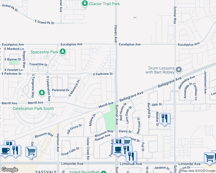 map of restaurants, bars, coffee shops, grocery stores, and more near 4865 South Wilson Avenue in Ontario