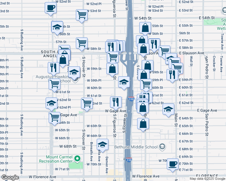 map of restaurants, bars, coffee shops, grocery stores, and more near 500 West 60th Street in Los Angeles