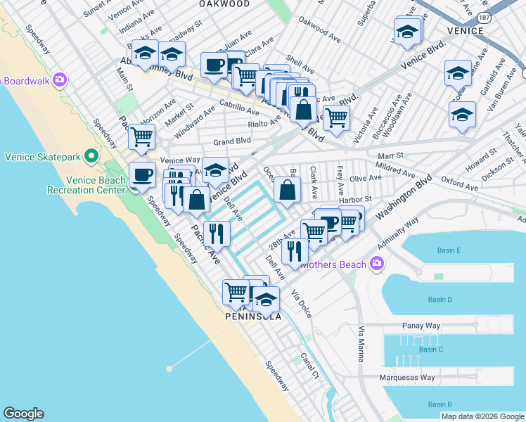 map of restaurants, bars, coffee shops, grocery stores, and more near 439 Howland Canal in Los Angeles