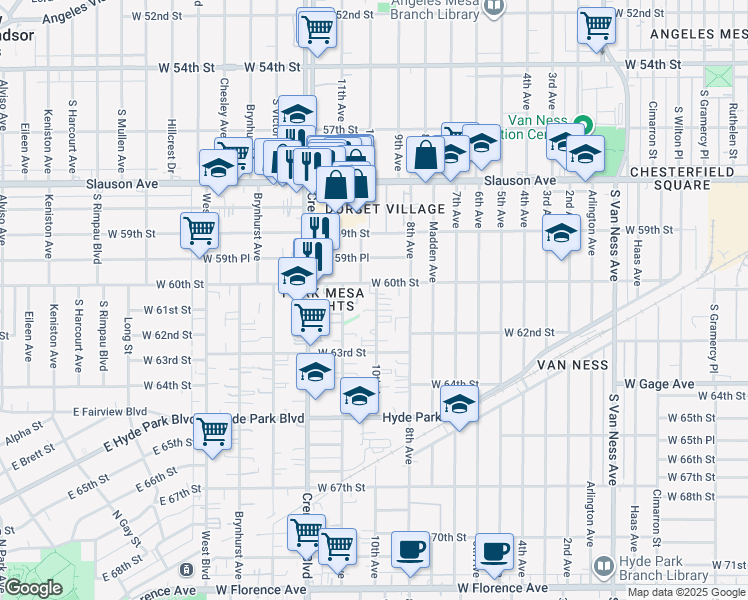 map of restaurants, bars, coffee shops, grocery stores, and more near 3131 West 60th Street in Los Angeles