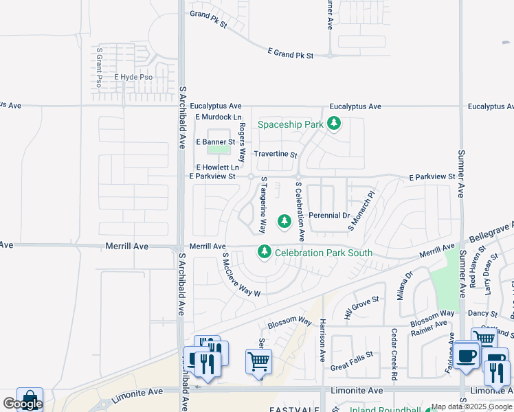 map of restaurants, bars, coffee shops, grocery stores, and more near 4867 South Avocado Trail in Ontario