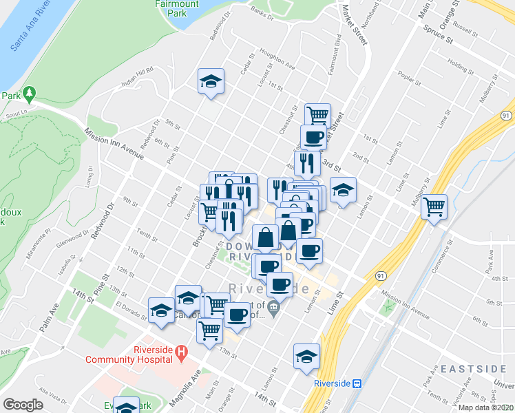 map of restaurants, bars, coffee shops, grocery stores, and more near 3655 Fairmount Boulevard in Riverside