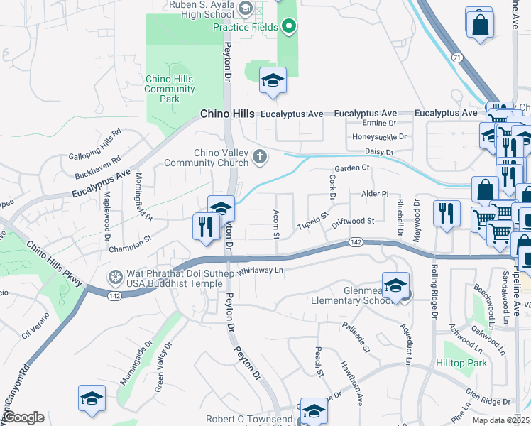 map of restaurants, bars, coffee shops, grocery stores, and more near 3405 Tulip Avenue in Chino Hills