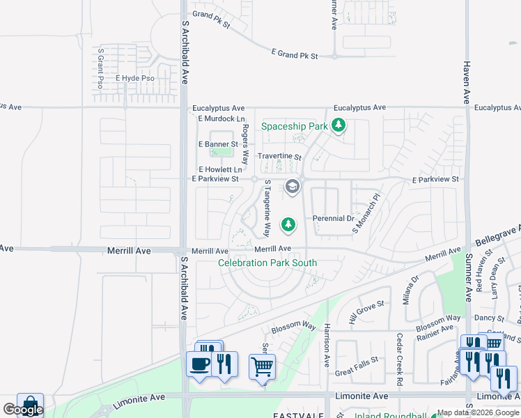 map of restaurants, bars, coffee shops, grocery stores, and more near 4867 South Avocado Trail in Ontario