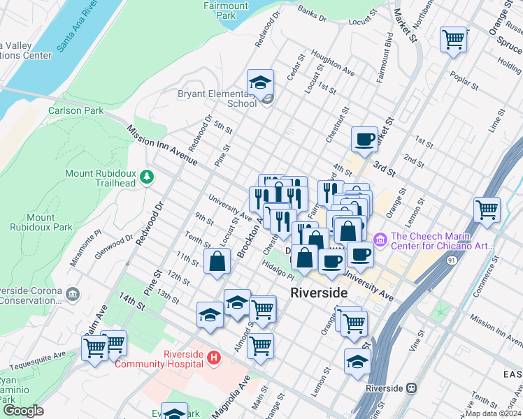 map of restaurants, bars, coffee shops, grocery stores, and more near 3739 Brockton Avenue in Riverside