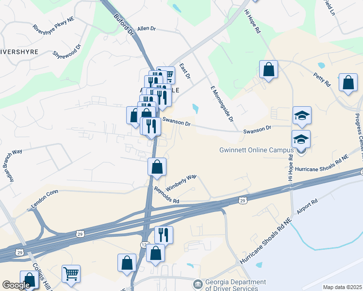 map of restaurants, bars, coffee shops, grocery stores, and more near 481 Swanson Drive in Lawrenceville