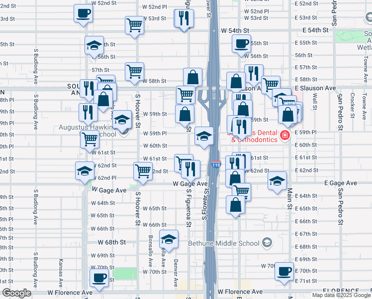 map of restaurants, bars, coffee shops, grocery stores, and more near 500 West 60th Street in Los Angeles