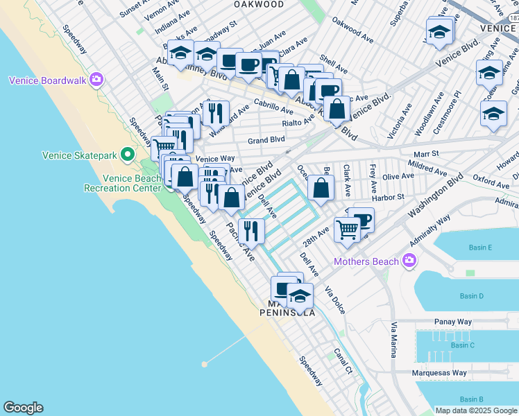 map of restaurants, bars, coffee shops, grocery stores, and more near 232 Carroll Canal in Los Angeles