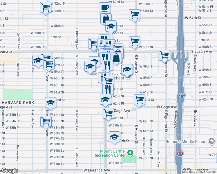 map of restaurants, bars, coffee shops, grocery stores, and more near 6028 1/2 South Vermont Avenue in Los Angeles
