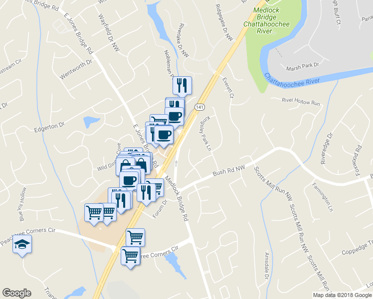 map of restaurants, bars, coffee shops, grocery stores, and more near 3962 Coventry Park Lane in Duluth