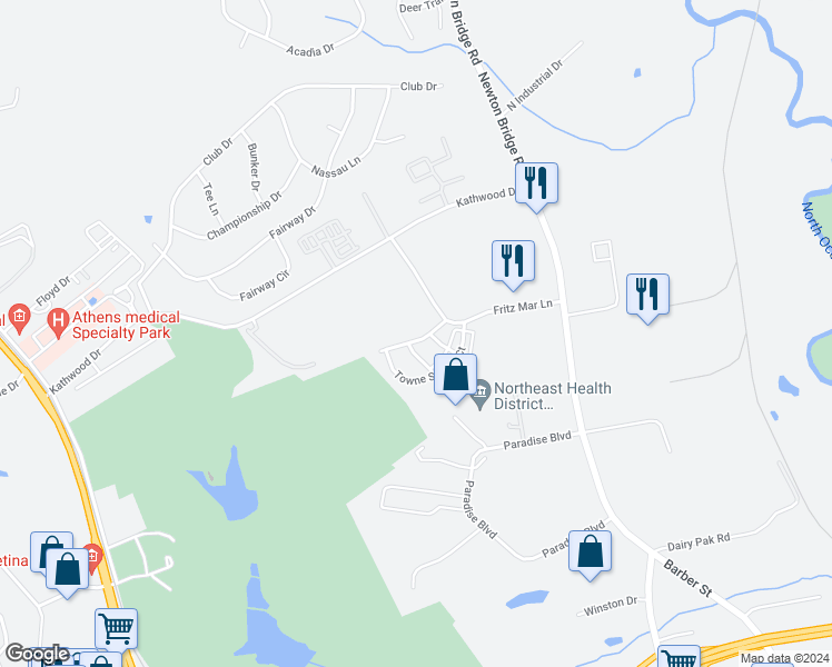 map of restaurants, bars, coffee shops, grocery stores, and more near 1122 Towne Square Lane in Athens