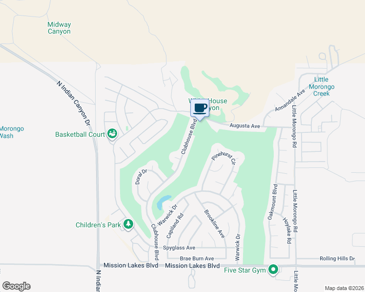 map of restaurants, bars, coffee shops, grocery stores, and more near 8817 Clubhouse Boulevard in Desert Hot Springs