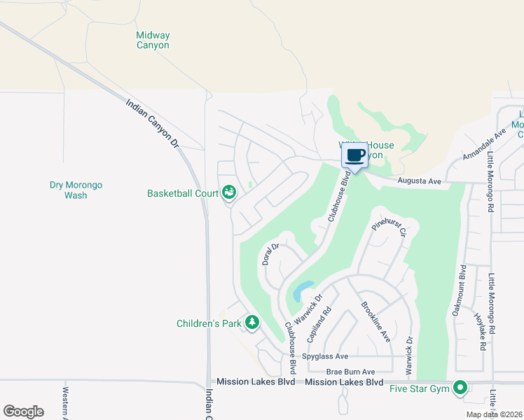 map of restaurants, bars, coffee shops, grocery stores, and more near 64178 Yosemite Lane in Desert Hot Springs