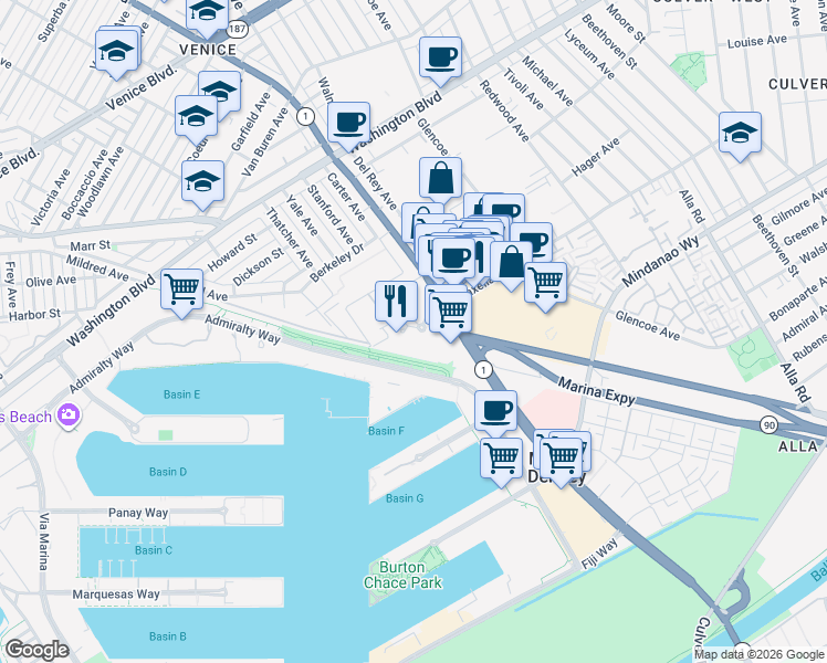 map of restaurants, bars, coffee shops, grocery stores, and more near 13603 Marina Pointe Drive in Marina del Rey
