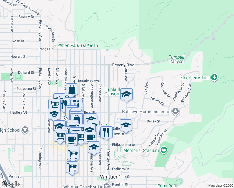 map of restaurants, bars, coffee shops, grocery stores, and more near 13429 Camilla Street in Whittier