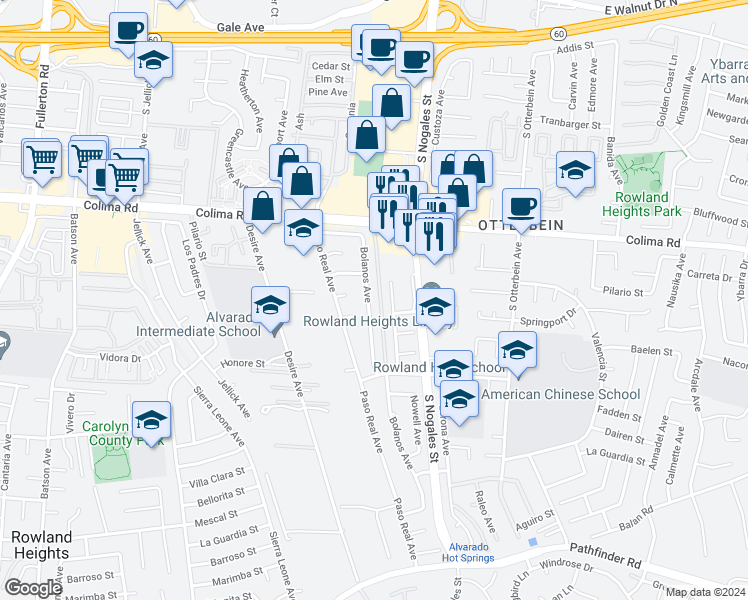 map of restaurants, bars, coffee shops, grocery stores, and more near 1832 Bolanos Avenue in Rowland Heights