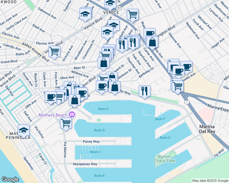 map of restaurants, bars, coffee shops, grocery stores, and more near 4337 Marina City Drive in Marina del Rey