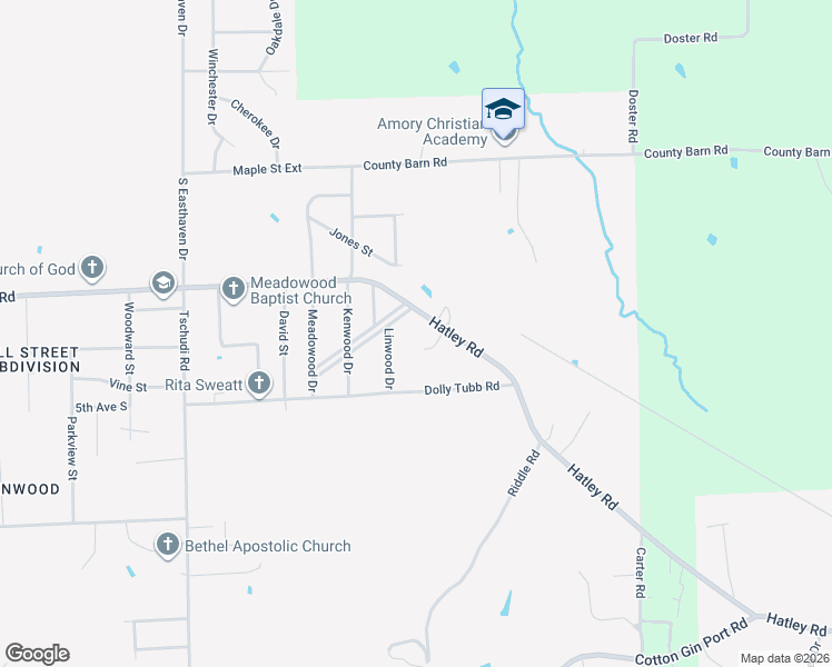 map of restaurants, bars, coffee shops, grocery stores, and more near 60058 Hatley Road in Amory