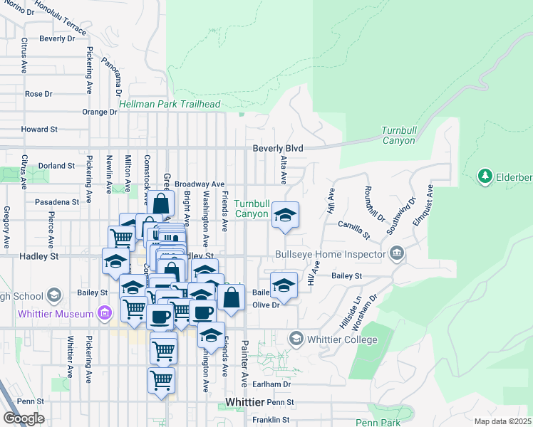 map of restaurants, bars, coffee shops, grocery stores, and more near 13433 Camilla Street in Whittier