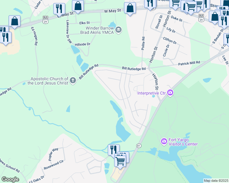 map of restaurants, bars, coffee shops, grocery stores, and more near 2106 Massey Lane in Winder