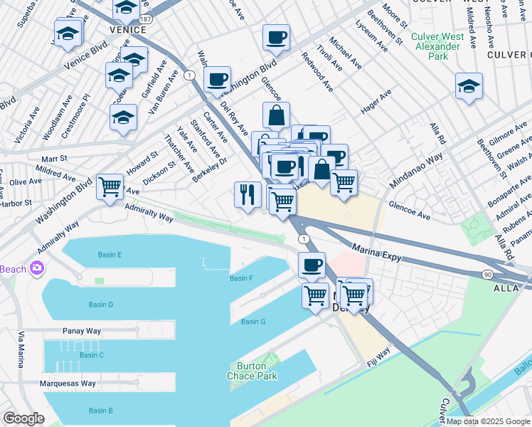 map of restaurants, bars, coffee shops, grocery stores, and more near 13600 Marina Pointe Drive in Marina del Rey