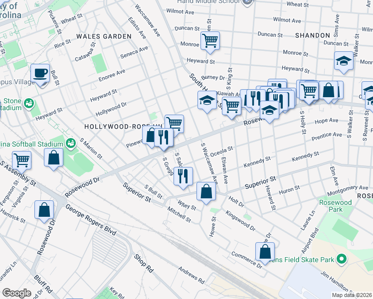 map of restaurants, bars, coffee shops, grocery stores, and more near 335 South Edisto Avenue in Columbia