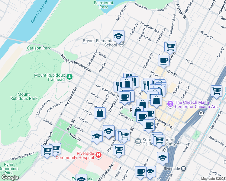 map of restaurants, bars, coffee shops, grocery stores, and more near 4178 Mission Inn Avenue in Riverside