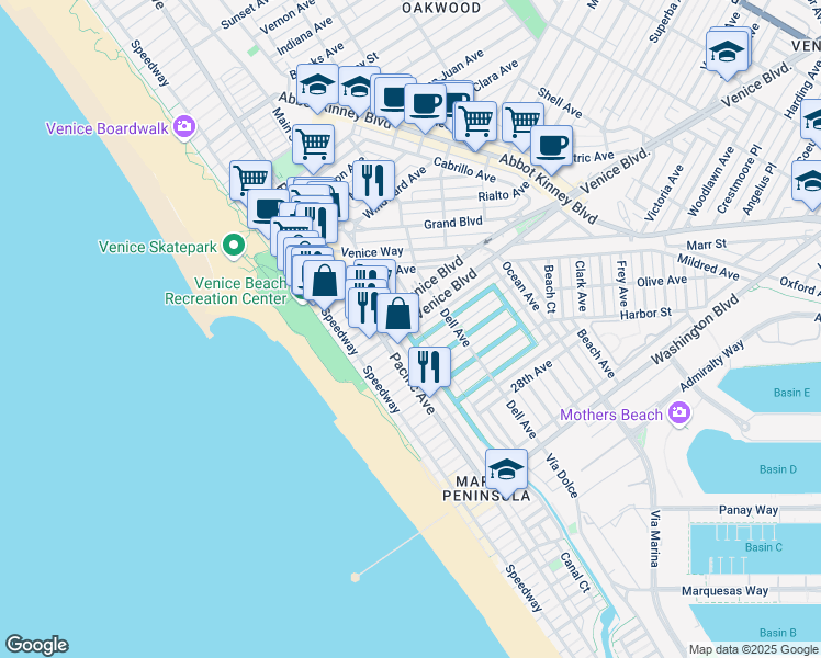 map of restaurants, bars, coffee shops, grocery stores, and more near 216 North Venice Boulevard in Los Angeles