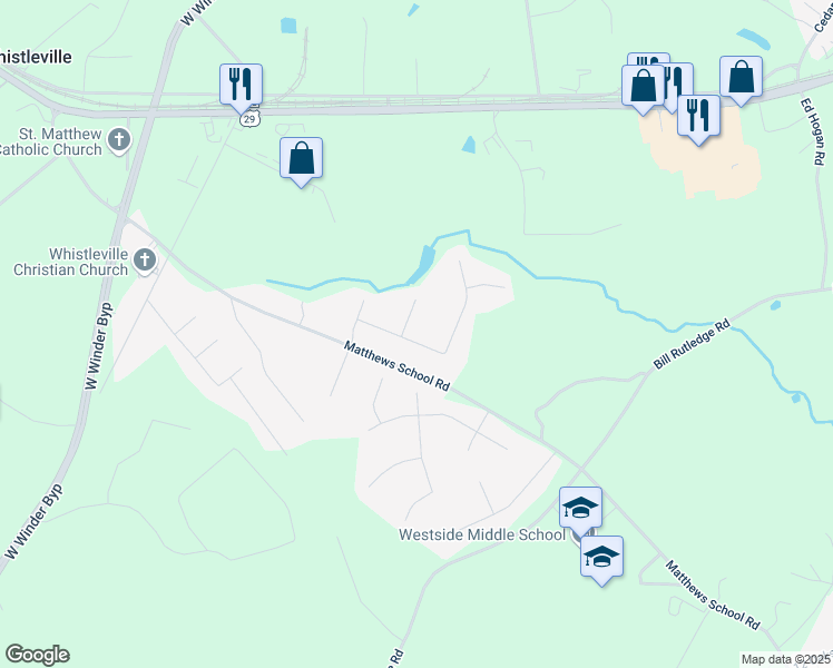map of restaurants, bars, coffee shops, grocery stores, and more near 261 Turnberry Lane in Winder