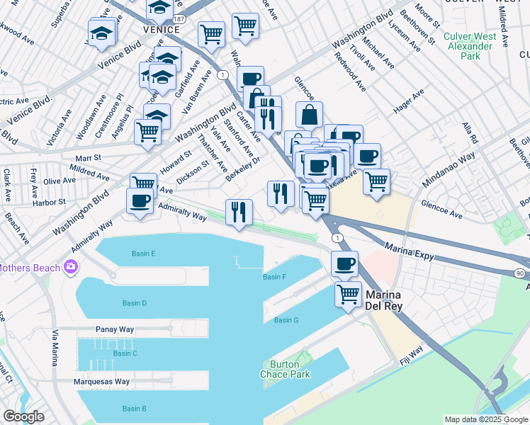 map of restaurants, bars, coffee shops, grocery stores, and more near 13701 Marina Pointe Drive in Marina del Rey