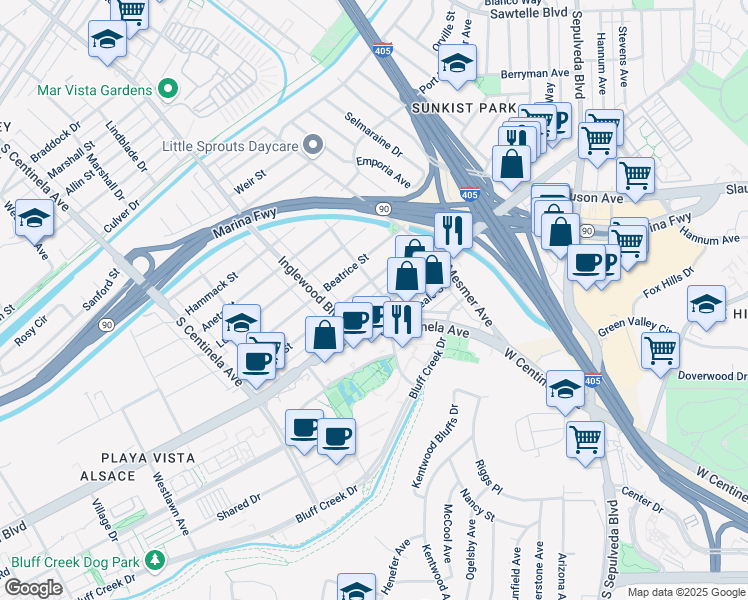 map of restaurants, bars, coffee shops, grocery stores, and more near 11886 Juniette Street in Culver City