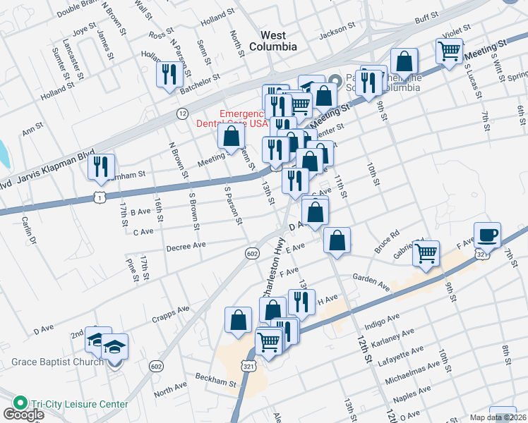 map of restaurants, bars, coffee shops, grocery stores, and more near 1315 B Avenue in West Columbia