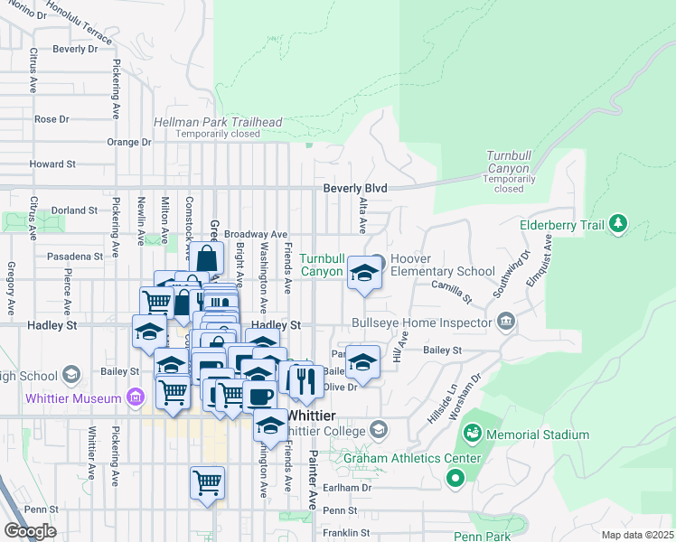 map of restaurants, bars, coffee shops, grocery stores, and more near 13429 Camilla Street in Whittier