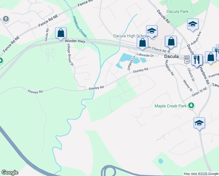 map of restaurants, bars, coffee shops, grocery stores, and more near 2204 Stanley Road in Dacula
