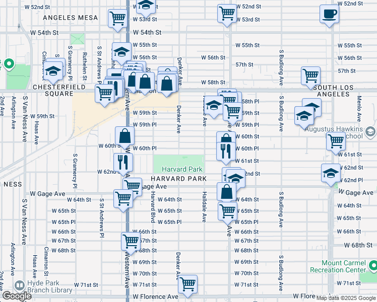 map of restaurants, bars, coffee shops, grocery stores, and more near 1528 West 60th Street in Los Angeles