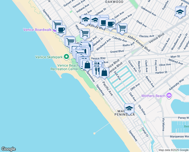 map of restaurants, bars, coffee shops, grocery stores, and more near 20 19th Avenue in Los Angeles