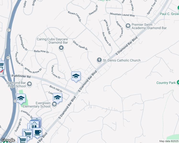 map of restaurants, bars, coffee shops, grocery stores, and more near 2210 Shady Hills Drive in Diamond Bar