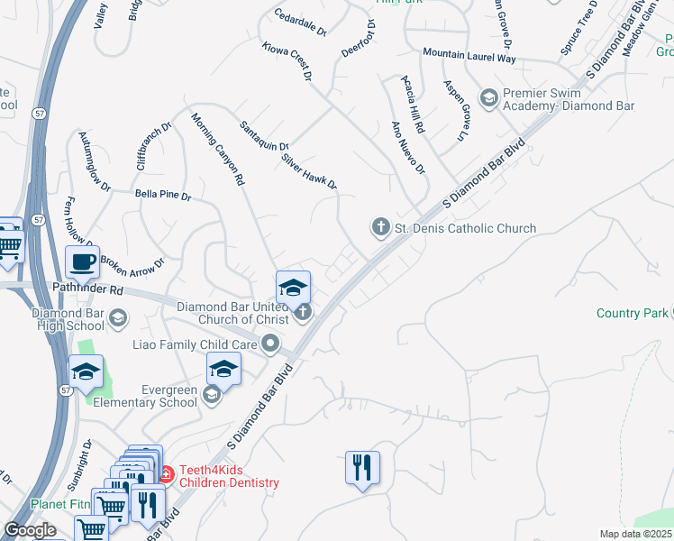 map of restaurants, bars, coffee shops, grocery stores, and more near 2282 Shady Hills Drive in Diamond Bar
